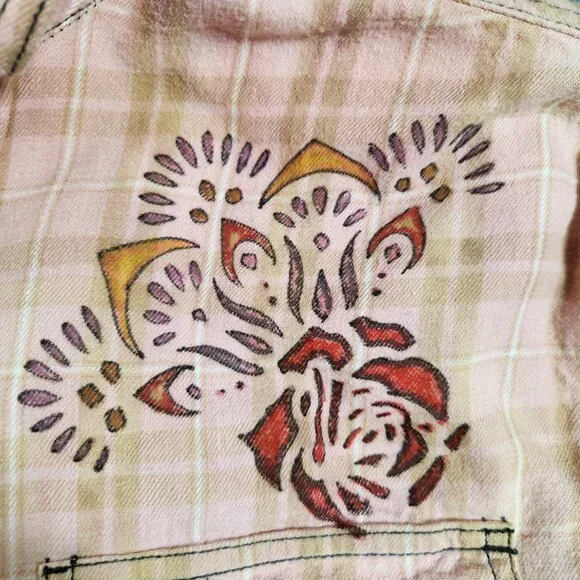 Upcycled Hand PaintedFlowers Butterflies Flannel Shirt - Bleached Red M - Picture 7 of 10